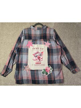 OOAK Upcycled Shacket Sexy Overflows Pink Pig Graphic Cotton Wearable Art 2XL